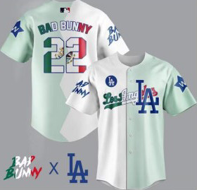 Men's Los Angeles Dodgers #22 Bad Bunny White/Green Split Cool Base Stitched Baseball Jersey